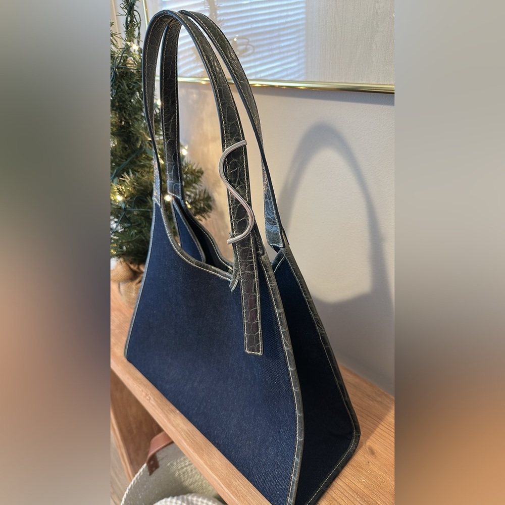 Staud Soft Rey Denim & Leather Top Handle Bag